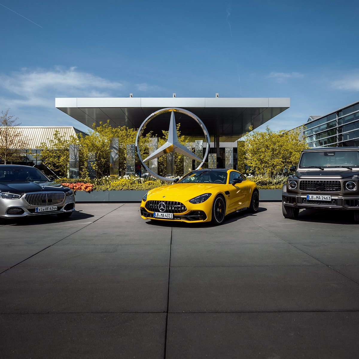 A Mercedes dealership forecourt with cars on display